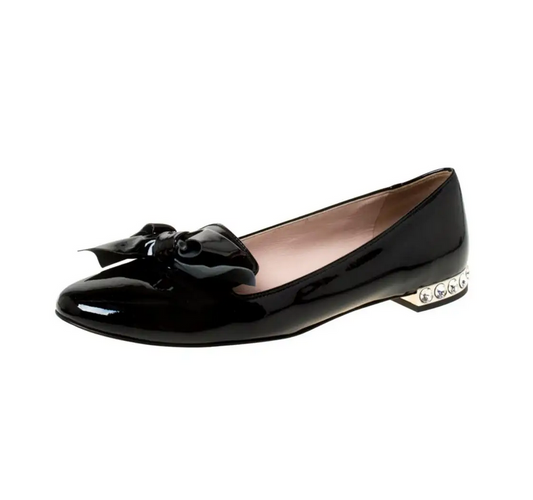 Miu Miu miu Black Patent Leather Studded Bow Ballet Flats - Size 38.5