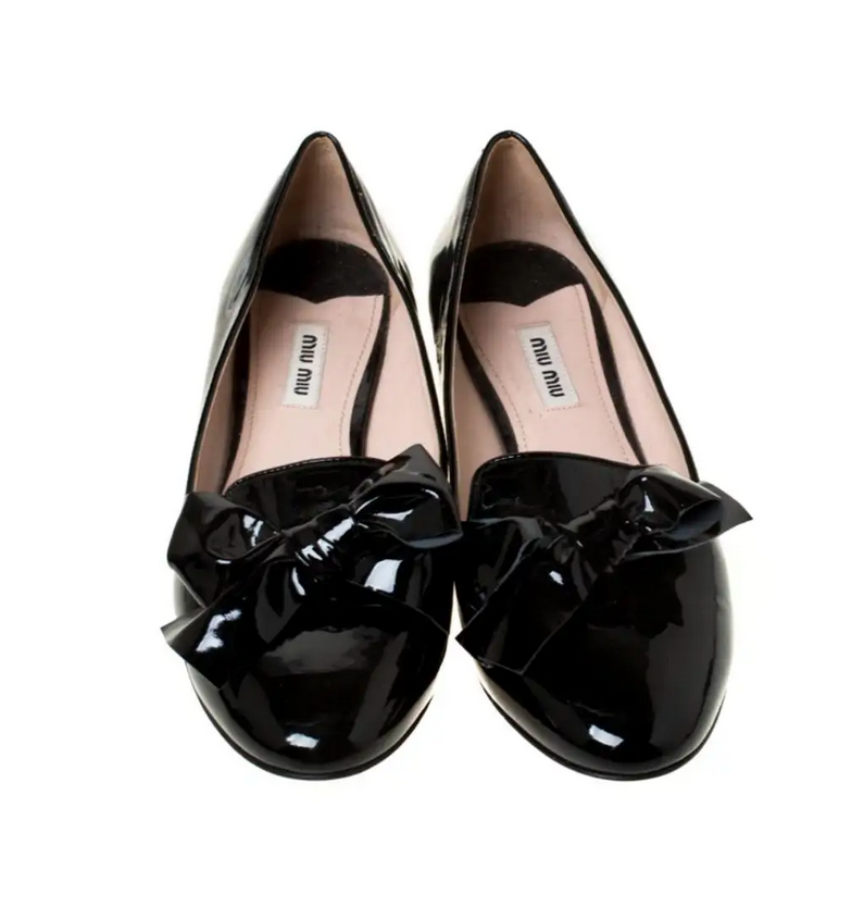 Miu Miu miu Black Patent Leather Studded Bow Ballet Flats - Size 38.5