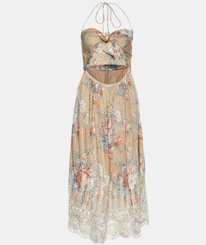 Zimmermann Brown Anais Antique Floral Cotton Tie Midi Dress - Size 10