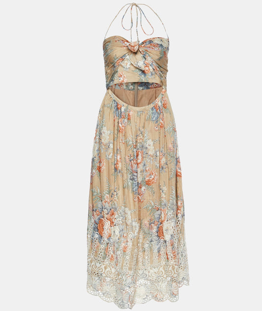 Zimmermann Brown Anais Antique Floral Cotton Tie Midi Dress - Size 10