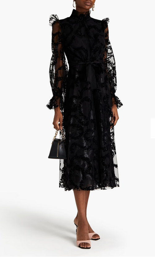Zimmerman Ruffle-Trimmed Flocked Tulle Midi Dress - Size 0