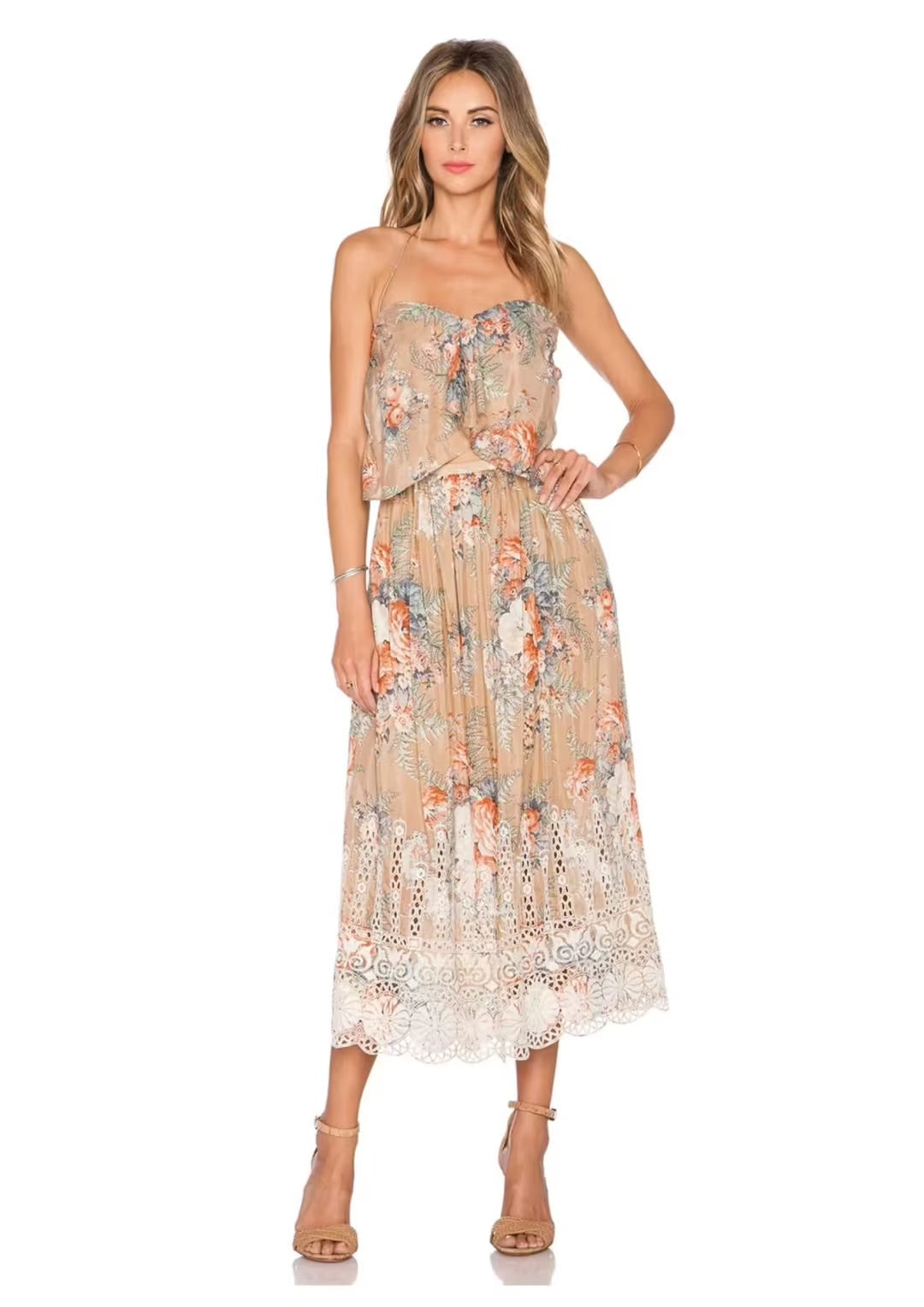 Zimmermann Brown Anais Antique Floral Cotton Tie Midi Dress - Size 10